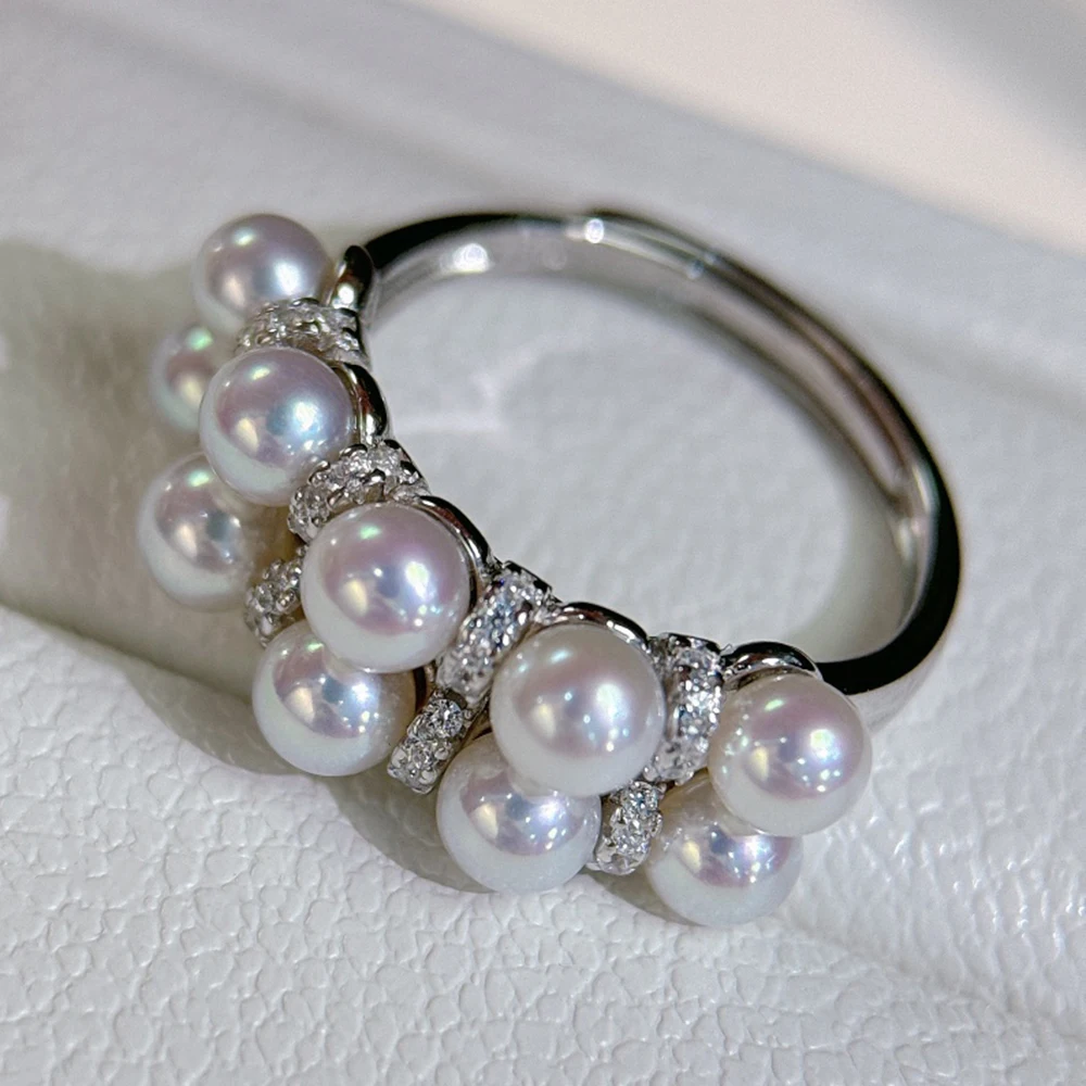 4-5mm Aurora Natural Pearl Ring with Mirror Surface Beads Like Bulbs Adjustable 925 Silver Multiple Real Pearl Ring Fine Jewelry