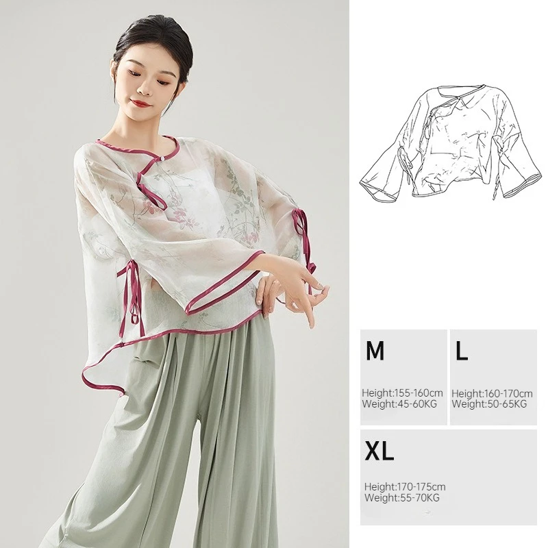 

Elegant Women Modern Dance Outfit Classical Chinese Loose Comfortable Mesh Top Tie Dye Pants Set Elegant Blouse Printing Pants
