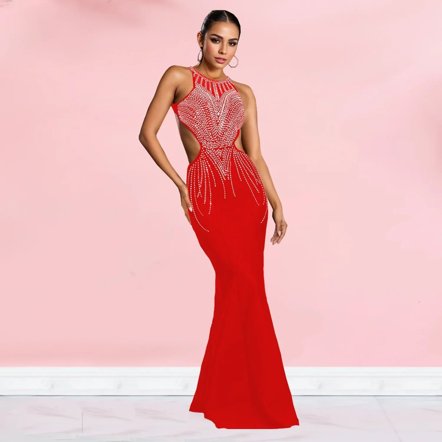 2024 Autunno Diamanti Strass Caldi Donne Senza Maniche Sirena Abito Lungo Backless Festa di Compleanno Serata Prom Maxi Abiti