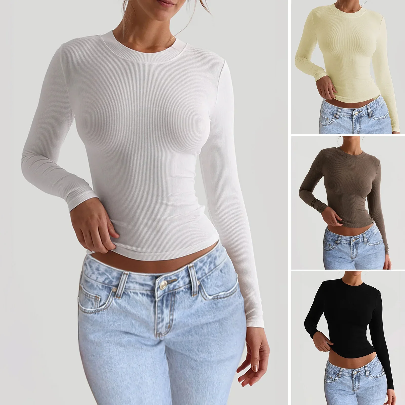 

Women's Long Sleeve Tops Lady's O-neck Bottoming Shirt Solid Color Slim Base Shirt Women's Soft T-shirt Slim Long Sleeved Top