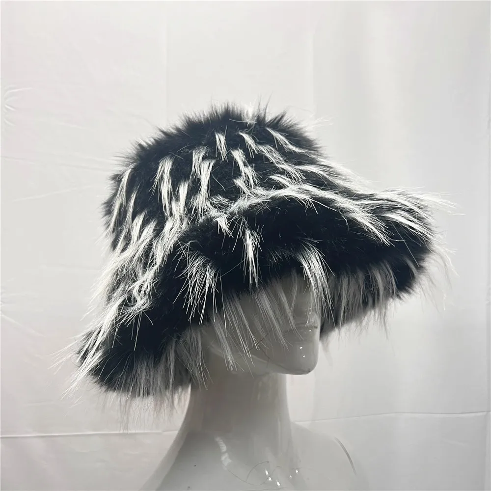 Big Faux Fur Hat Women Elegant Autumn Winter Fur Luxury Fashion Party Panama Fisherman Hat Warm Bucket Hat 2023