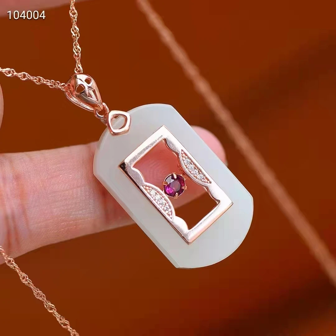 Nice Golden 925 Silver Inlaid Hetian White Rectangle Jade Pendant Lucky Amulet Bring Wealth Hanging Talisman With S925 Necklace