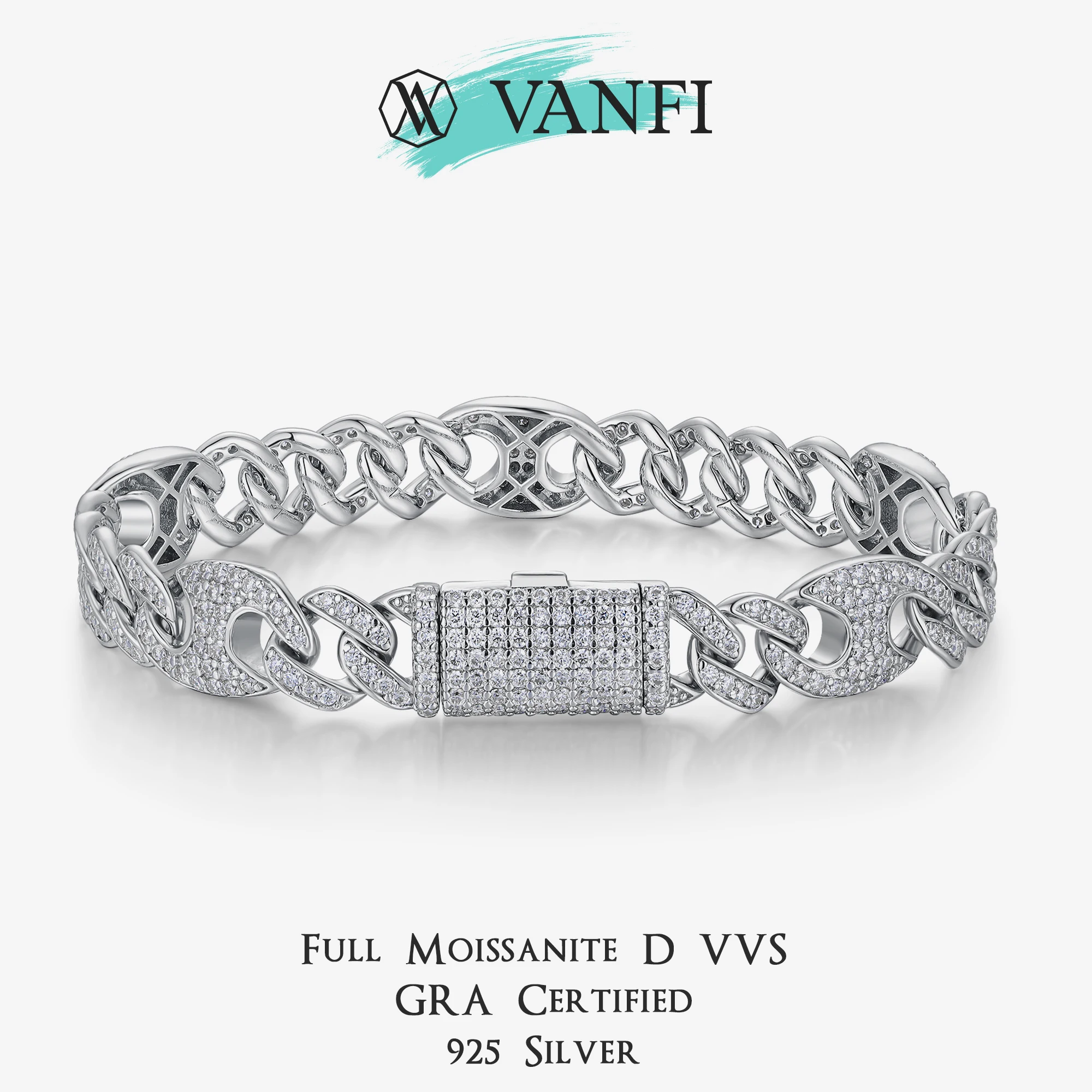 

KFVANFI сертифицированный муассанит кубинское звено хип-хоп мужской браслет стерлингового серебра 925 пробы с покрытием из белого золота винтажная цепочка роскошные ювелирные изделия