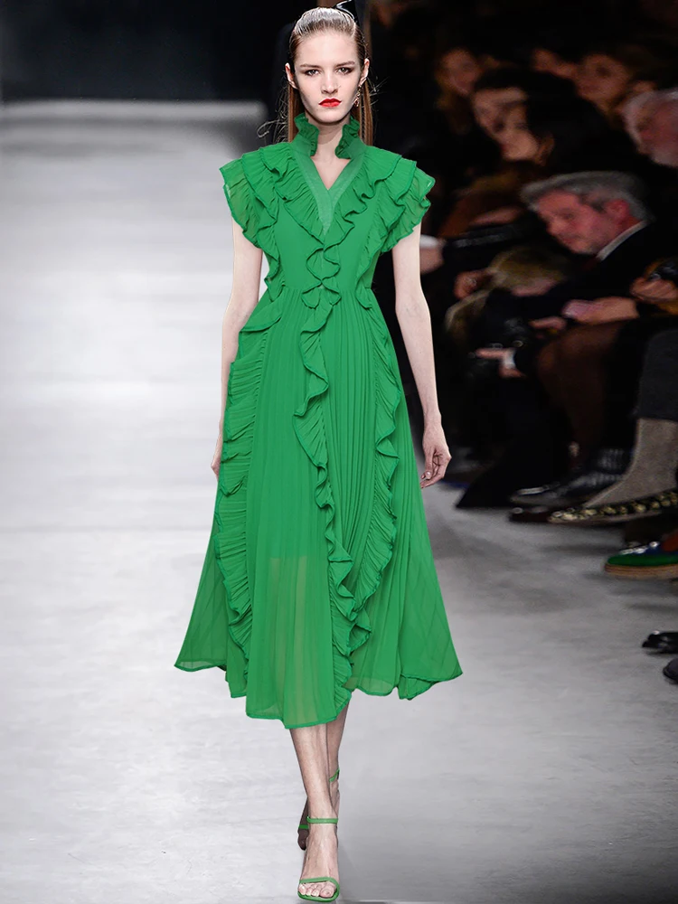 Robe mi-longue à manches courtes pour femmes, robe de créateur d'été, élégante, chic, décontractée, fête, vacances, vert, rue haute, mode, nouveau, haute qualité
