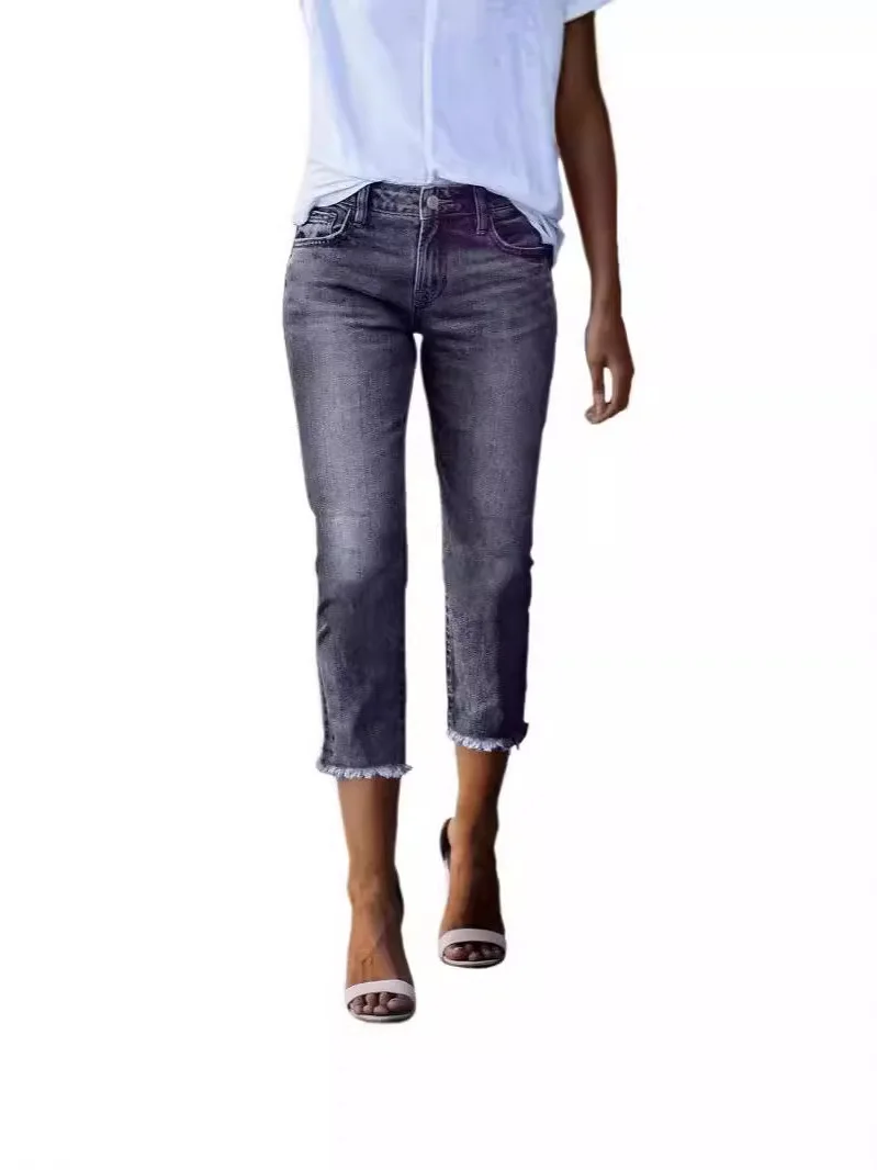 2025 سليم صالح لون نقي زر السراويل الطويلة الشارع جينز نسائي غير رسمي منتصف تمتد مرونة الخصر موسم الصيف