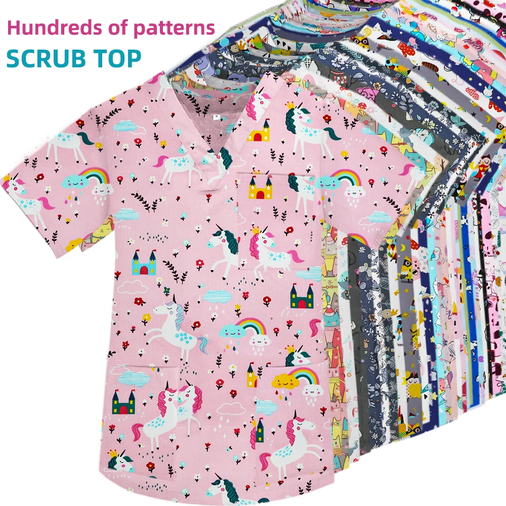 Tops exfoliantes Unisex con estampado de dibujos animados de algodón, laboratorio de dentista, veterinario, farmacia, escuela de medicina, limpieza, uniformes de trabajo hospitalarios, mujeres y hombres
