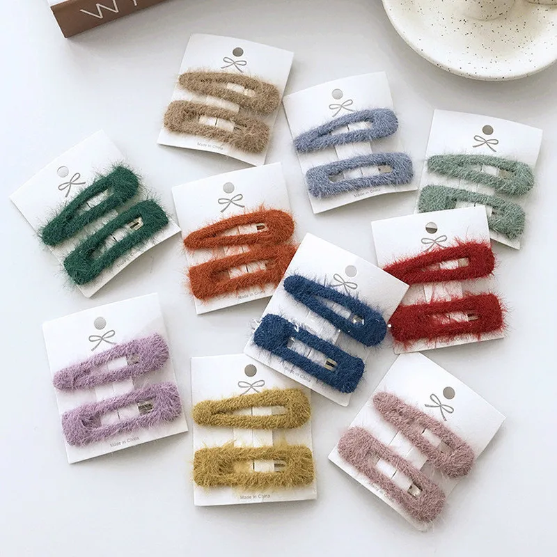 

1 Pair/set Autumn Winter Wool Hairpins Ins Net Red Geometric Color Bb Clip Plush Bangs Colored Clip Accessories Girl