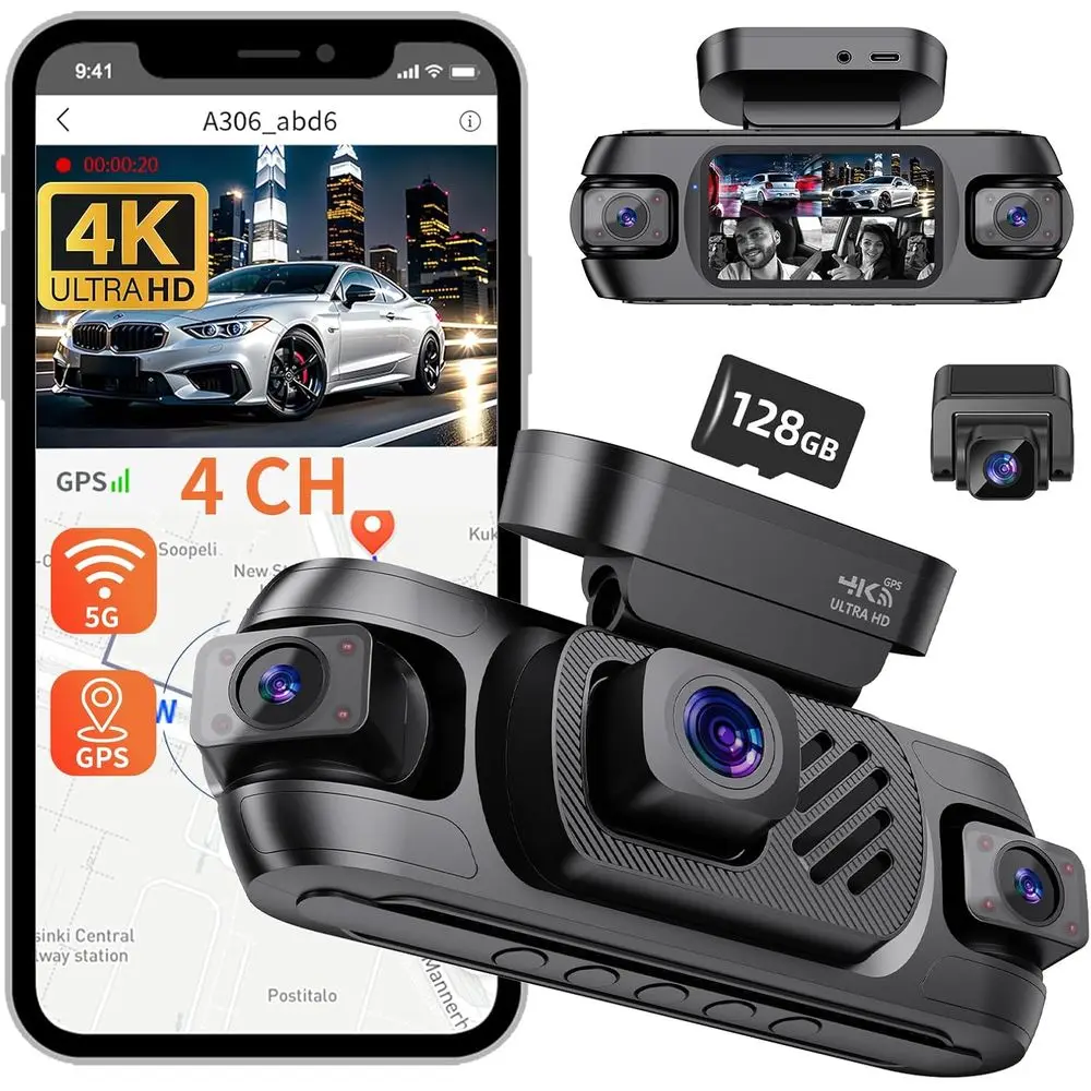 

4K 4 Channel Cam ront and Rear, 360°View Camera or Cars with GPS, G-Sensor, 5G Wii, Loop Recording, App Control, 8 Lamps IR Nigh
