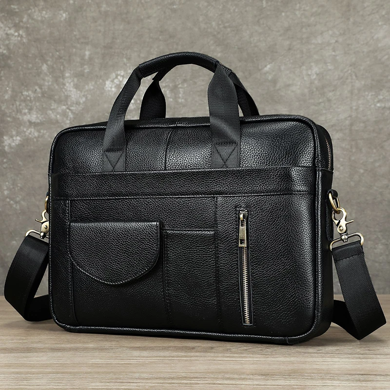 Top Layer Cowhide Genuine Leather Briefcase Large Men's Vintage Retro File Handbag Business Shoulder 15 inch Laptop Luxury Bag