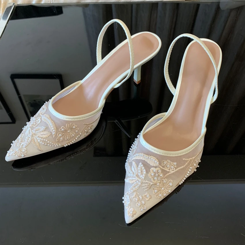 Brand Designer Mesh Embroidered White Women's High Heels Flower Straps Sexy Bareback High Heels Dress Women's Wedding Shoes view 6