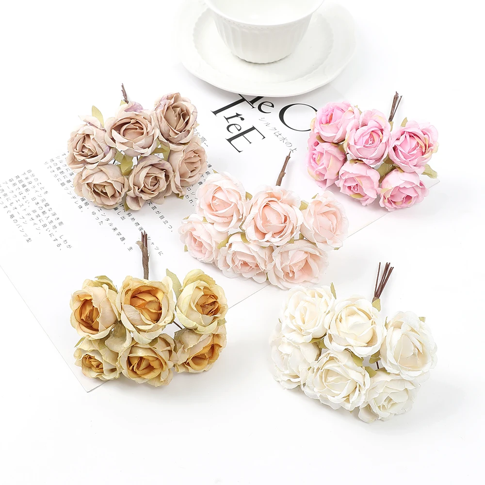 6pcs Artificial Roses Silk Fake Flowers Home Decoration Wedding Decor 2023 New Year DIY Bridal Hand Bouquet Garland Handicrafts