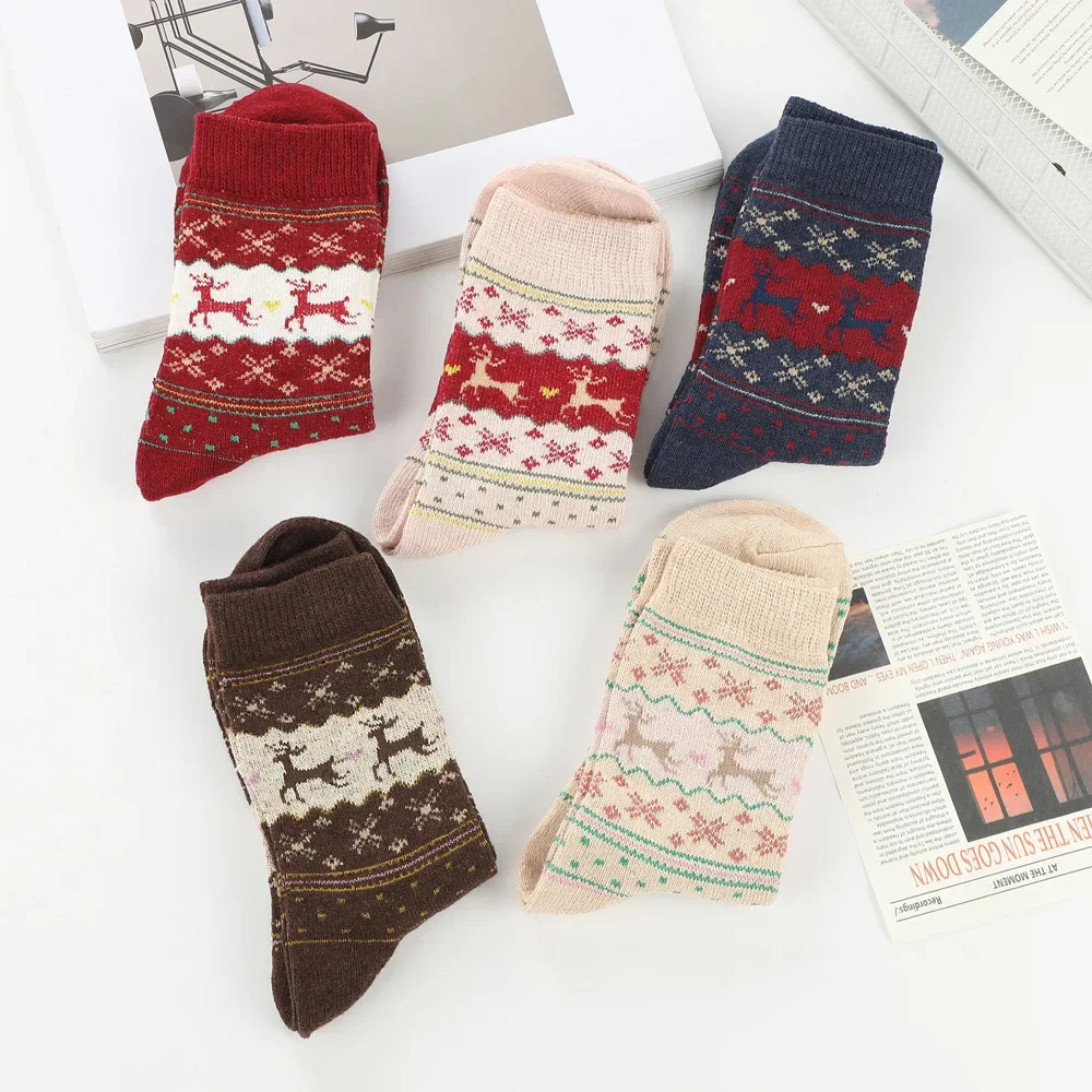 

Winter New Vintage Golden Deer Women Christmas Socks Cute Woolen Hoop Socks Thickened Female Middle Hosiery 5pcs Set