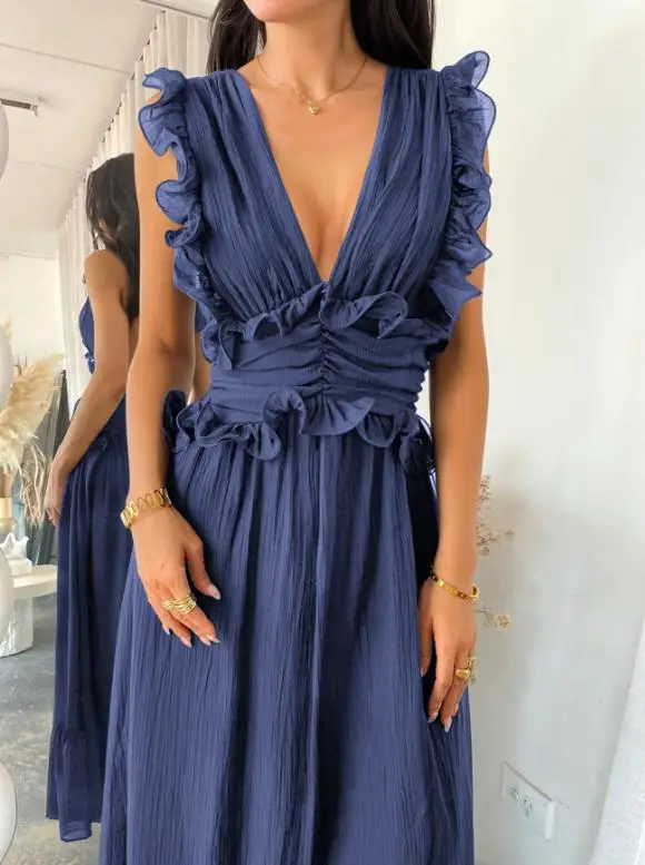 

Women's Dress 2026 New Spring Solid Color Deep V-Neck Sleeveless Ruffles Design Sexy Backless Casual Daily Long Dress
