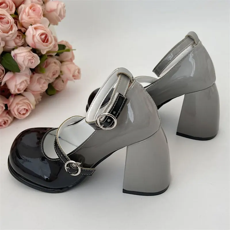 Ankle Buckle Platform Mary Janes 2024 New Comcise pink gray High Heel Pumps Woman Elegant Round Toe Square Heels Party Shoes