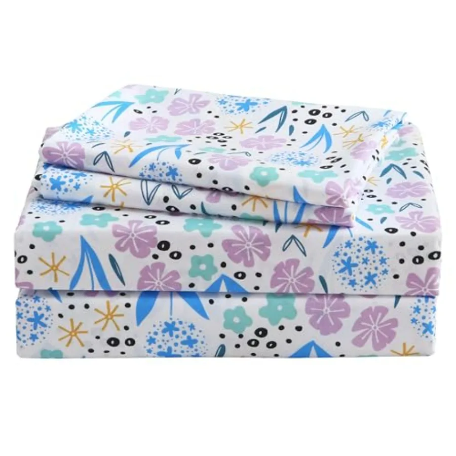 

4 Pieces Girls Floral Sheet Set - Soft Microfiber Fitted Flat Sheets and Pillowcases - Print Bedding Sets - for and Toddlers
