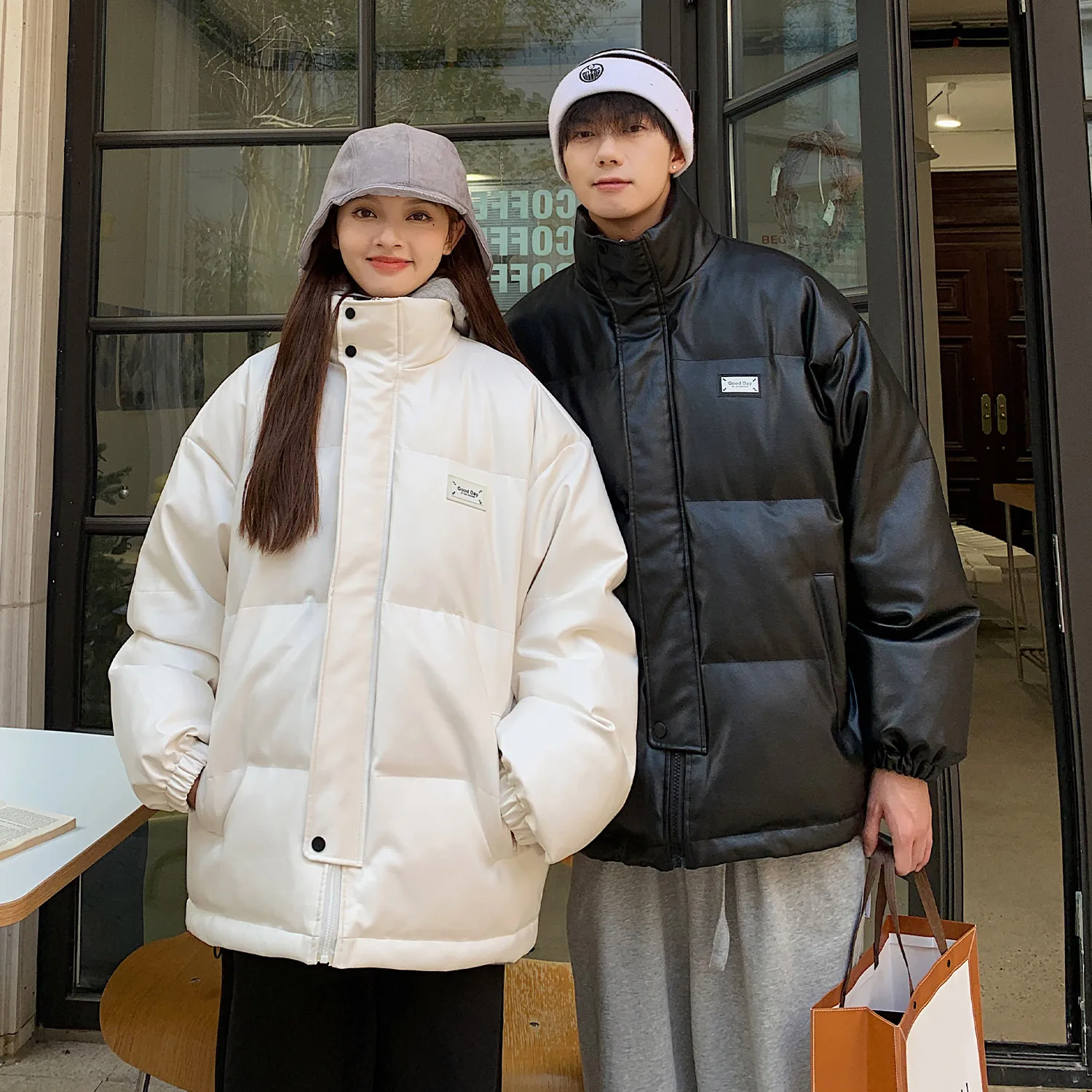 

Мужская зимняя утепленная куртка из искусственной кожи с хлопковой подкладкой, воротником-стойкой, для пар, повседневная, теплая, модная, на молнии