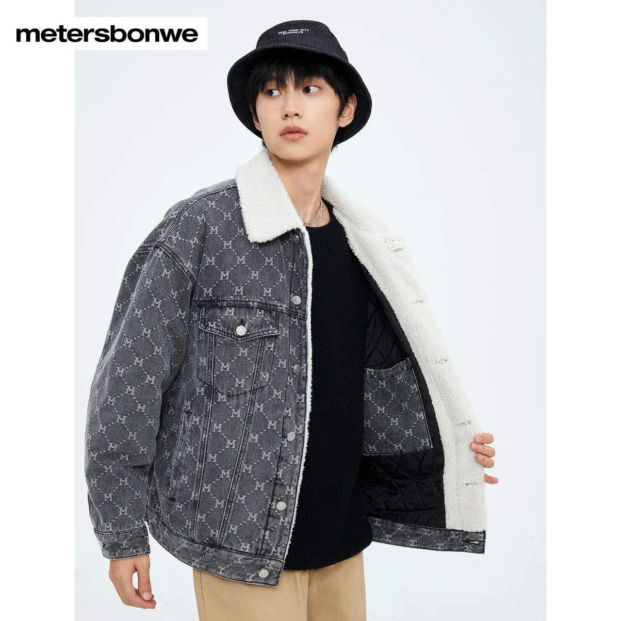 Metersbonwe-Thicker And Warmer Men's Denim Jacket Autumn Winter Imitation Lambswool Stand Callor And Cotton-Padded Denim Jacket