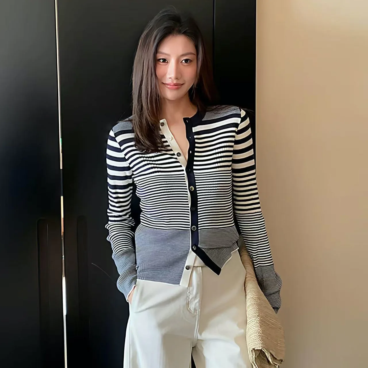 Suéter largo de punto ajustado para mujer, cárdigan de punto a rayas con diseño Sense, Color asimétrico, Otoño Invierno