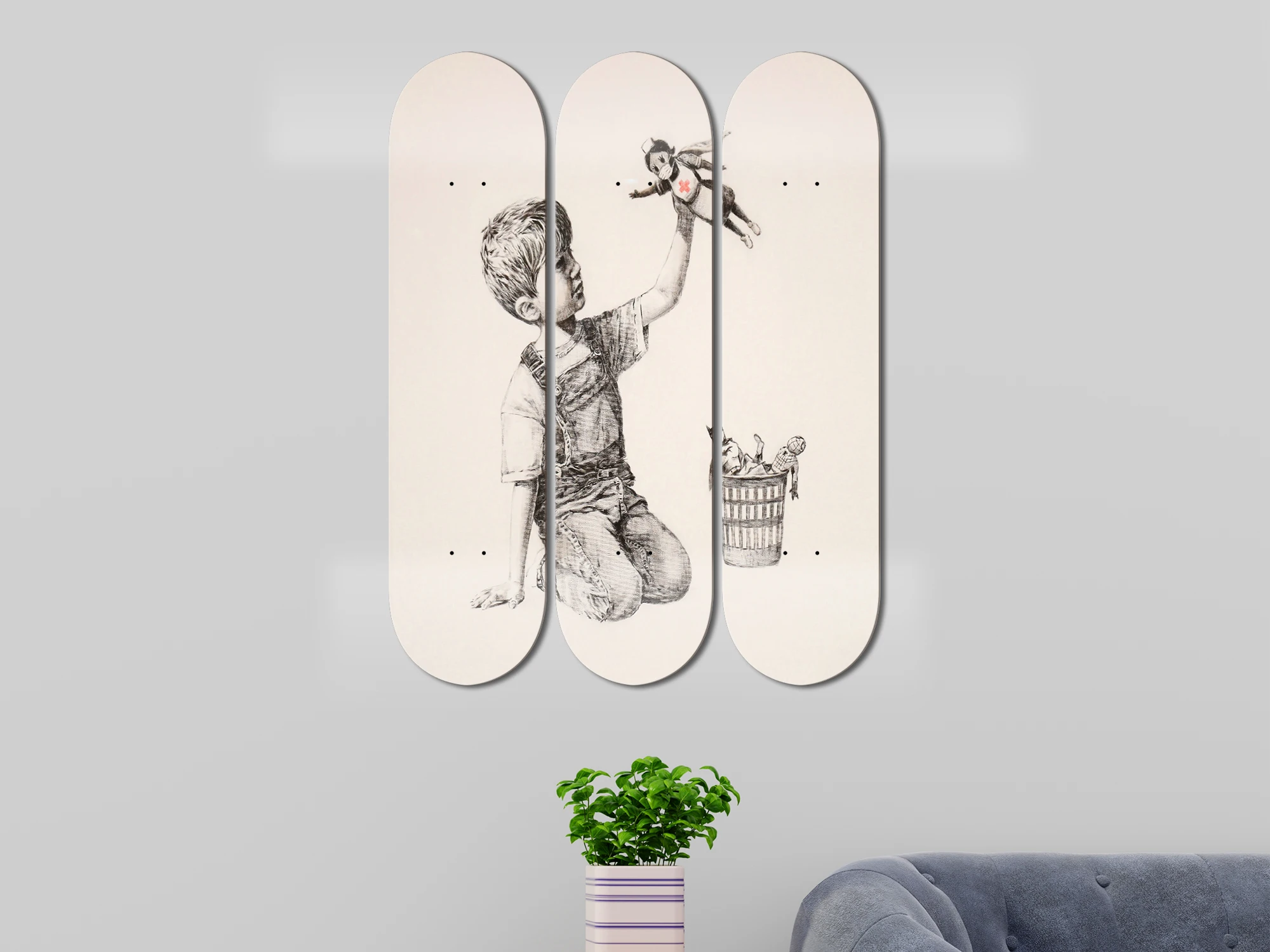 3pcs Banksy Skateboard Wall Mural Pop Art Pro-Grade Skate Deck Wall Plates for Bar Club Game Room Wall Decoration