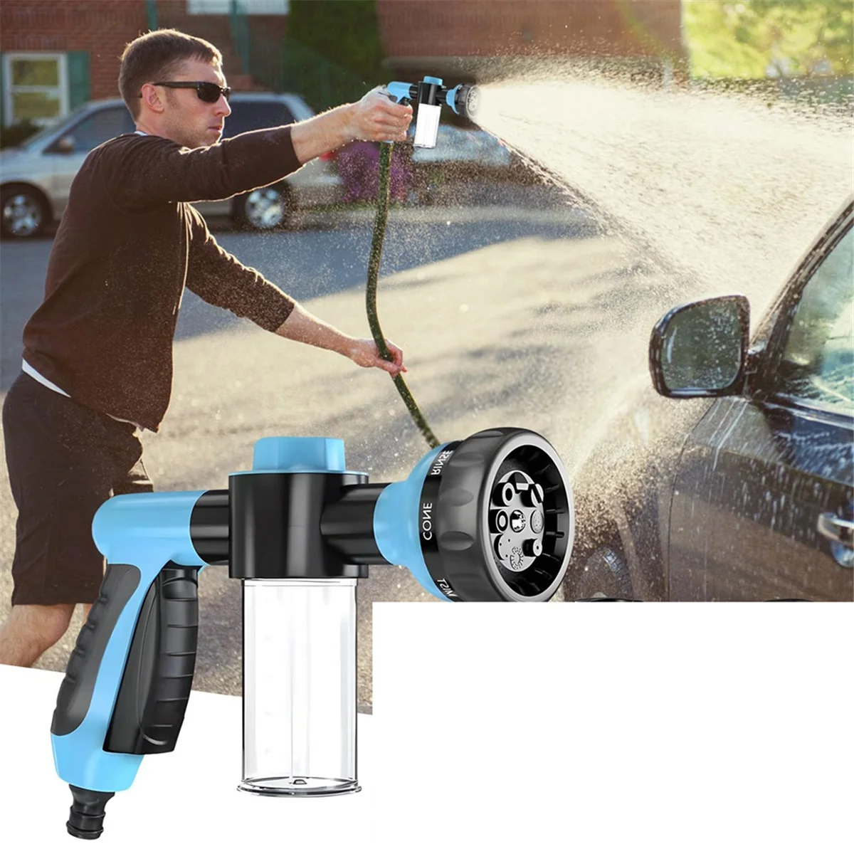 Car Washing Nozzle Garden Hose Nozzle High Pressure Hose Foam Spray with Soap Dispenser Eight-In-One Spray Mode,Orange