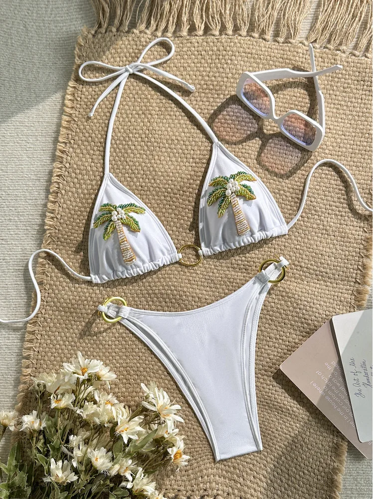 2026 New Women's 2 Piece Set Swimwear Female Summer Palm Embroidery Bikini Sets Beach Vacation Sexy Swimsuit