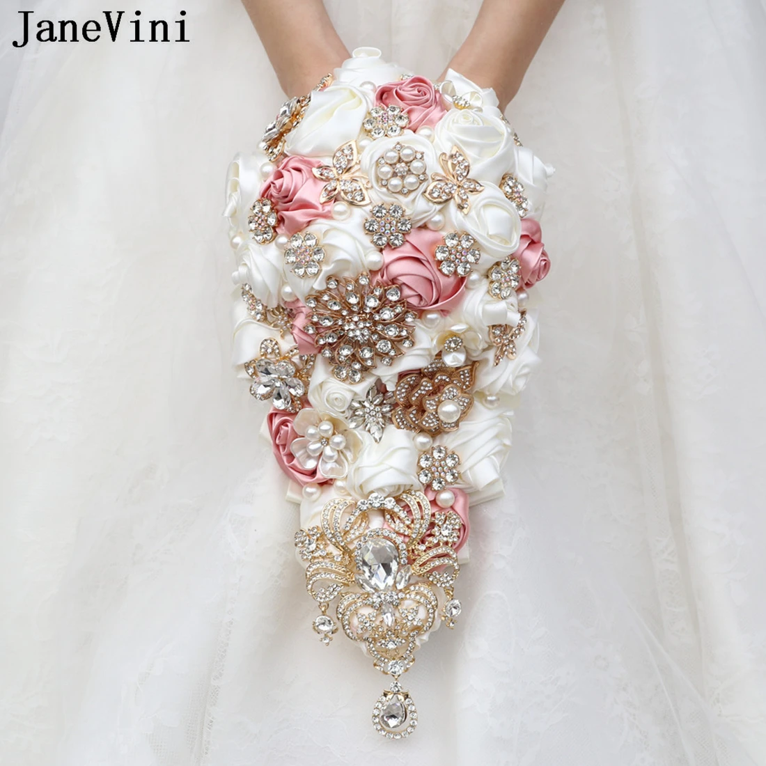 

JaneVini Gorgeous Cascading Pearl Bouquet for Bride Luxury Jewelry Crystal Rhinestone Waterfall Bridal Wedding Bouquets Flowers