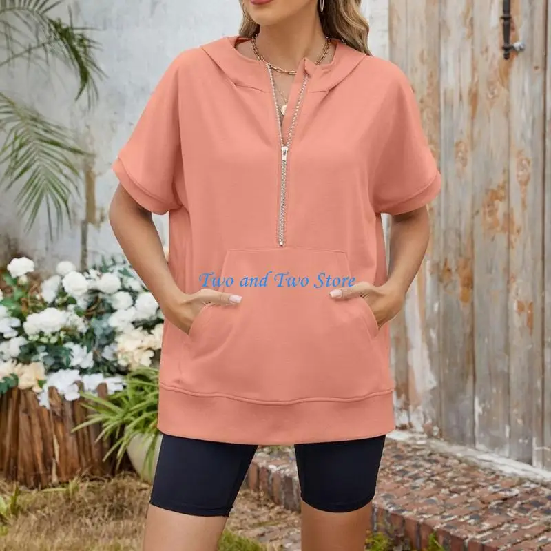 HX6F Women  Hoodies Shirt Short Sleeve Half Zip Loose Fit Oversized  Top Spring Fall