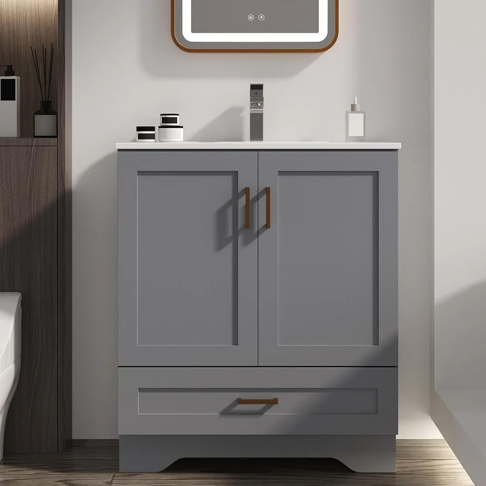 30 inch Bathroom Vanity with Sink, Modern Grey Vanity for Bathroom with Undermount Ceramic Sink, Freestanding, Customized