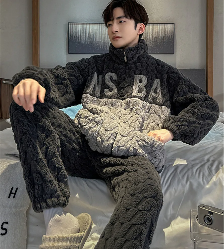 2024 New Winter Warm Pajama Sets Men Stand Collar Coral Fleece Coat + Long Pants Sleepwear for Sleeping Men\'s 2 Pieces Loungwear