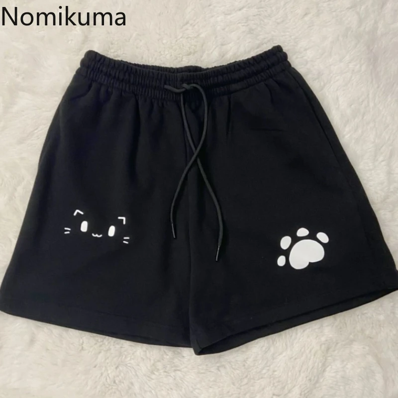 

Women Summer Casual Shorts High Waist Black Y2k Kawaii Sweet Cat Print Wide Leg Pants Chic Japanese Pantalones Cortos De Mujer