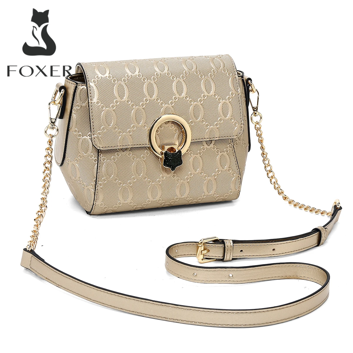 FOXER Women's Split Cowhide Leather Shell Bag Female Shoulder Crossbody Bag Fashion Designer Lady Gold Chain Flap Messenger Bags