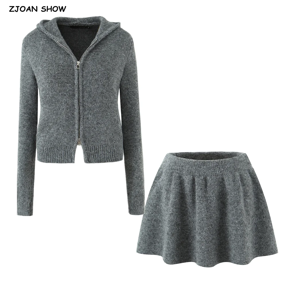 

2 pieces 1 set Autumn Front Zipper Knitted Hooded Cardigan Long Sleeve Sweater Elastic Waist Swing A-lined Mini Skirt Suits