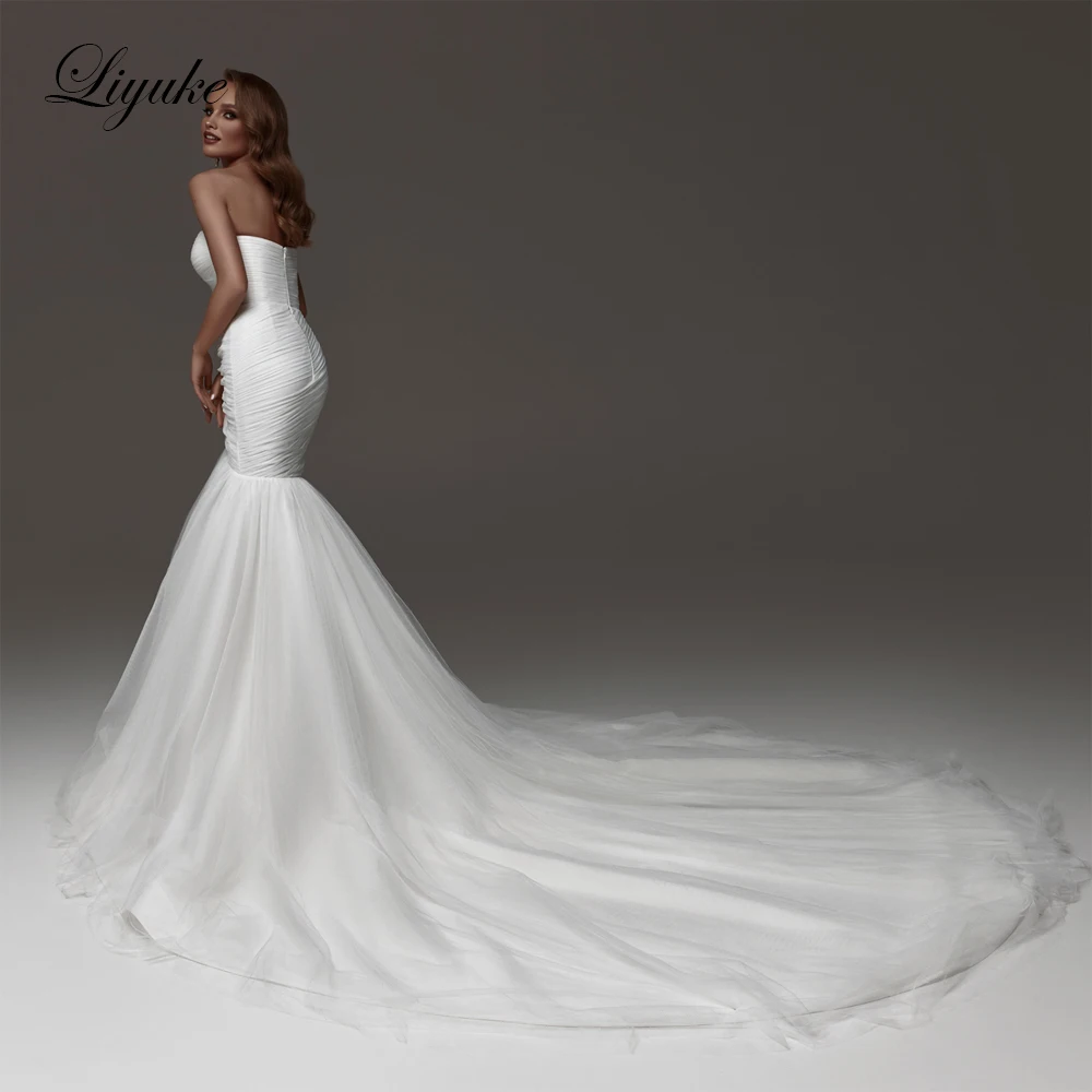 Liyuke Sliky Tulle Off Shoulder Sweetheart Mermaid Wedding Dresses Floor-Length  Ruched Pleats Elegant Trumpet Bridal Gowns