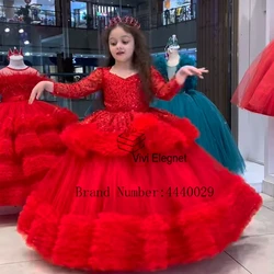 A Line Full Sleeve Flower Girls Dresses for Kids Sequined Scoop Wedding Party Dresses Zipper Back Tiered 2024 فلور فتاة اللباس