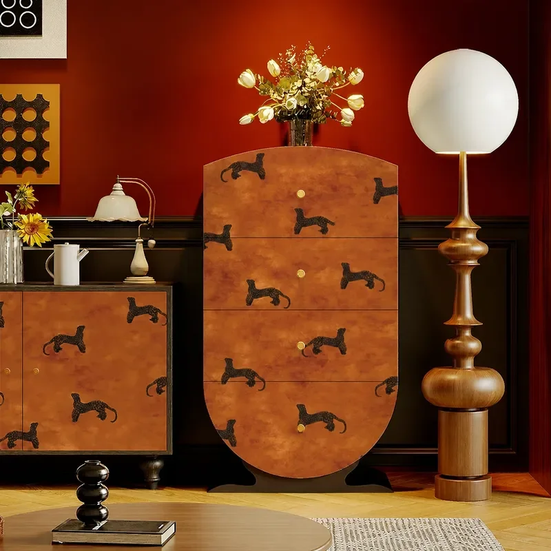 Leopard Print 4 Drawer Chest Solid Wood Living Room Storage Cabinet Decorative Entryway Organizer Integrated Vertical Unit