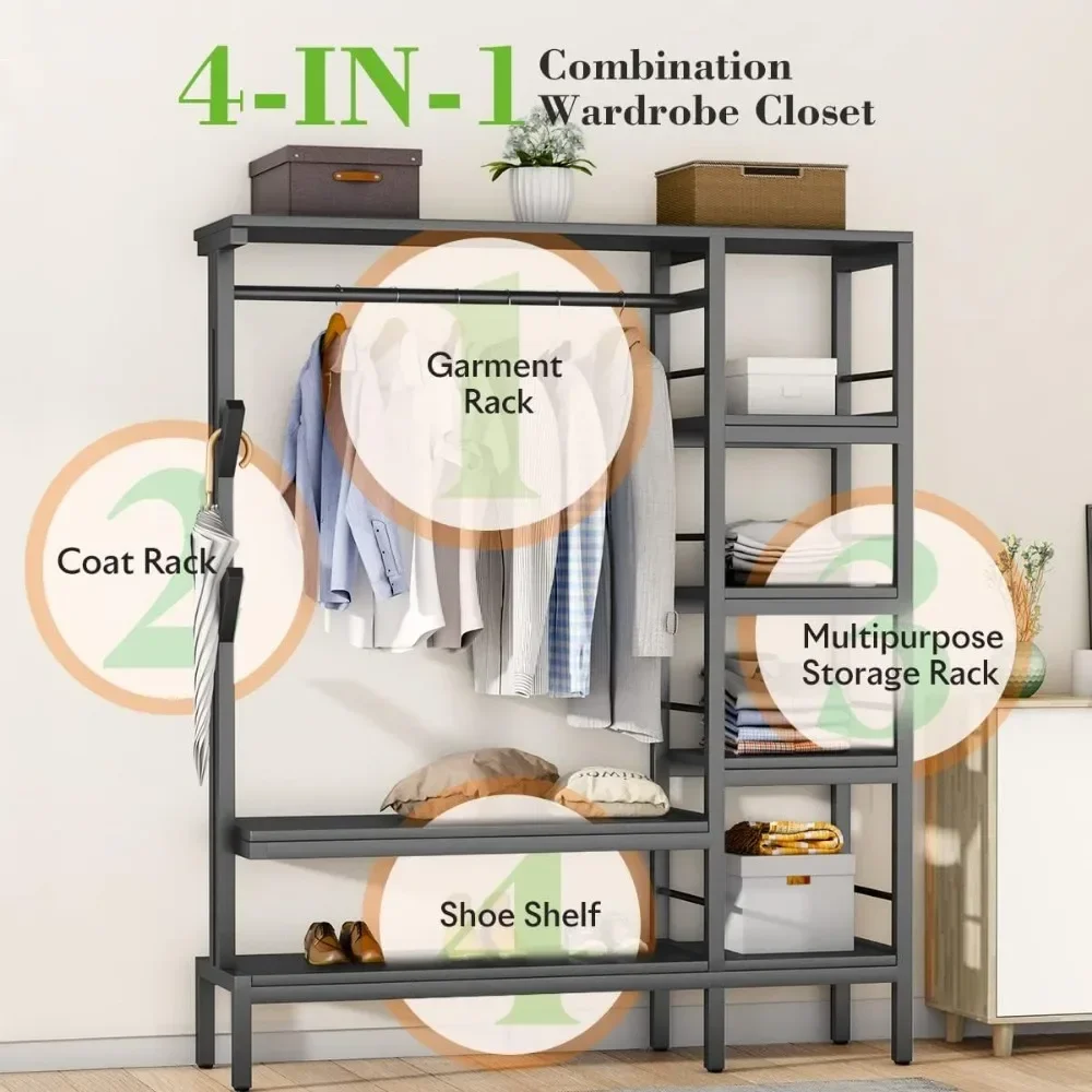 Livre Standing Closet Organizer com 6 Prateleiras de Metal e Coat Rack, Heavy Duty Vestuário Rack, pendurado roupas, 650lbs Capacidade