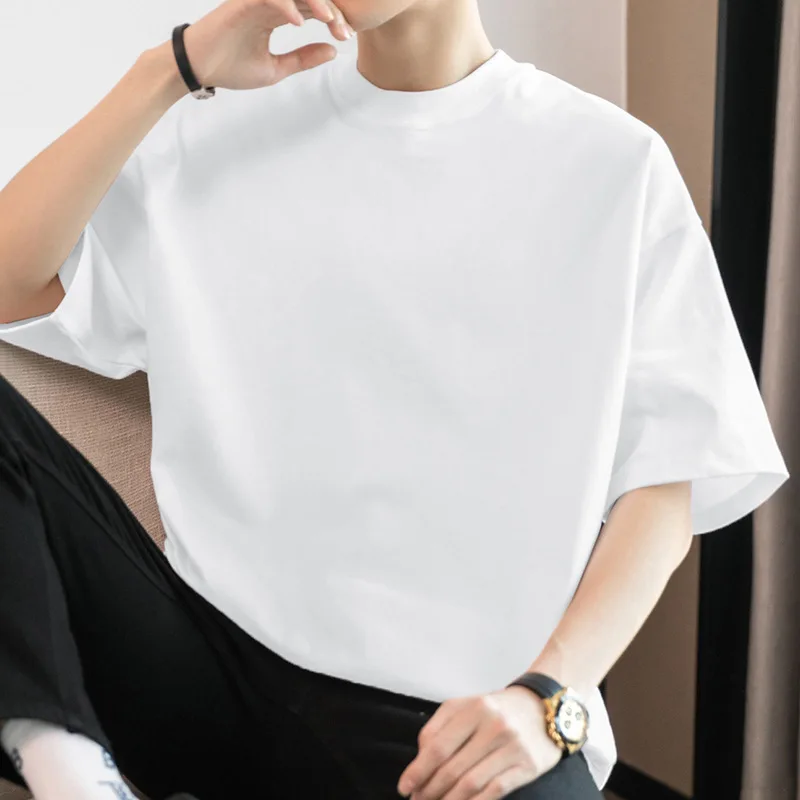 

Men Heavyweight Pure Cotton T-shirt Short Sleeved Solid White Upper Garment Pure Cotton Loose Half Sleeve Bottom Shirt