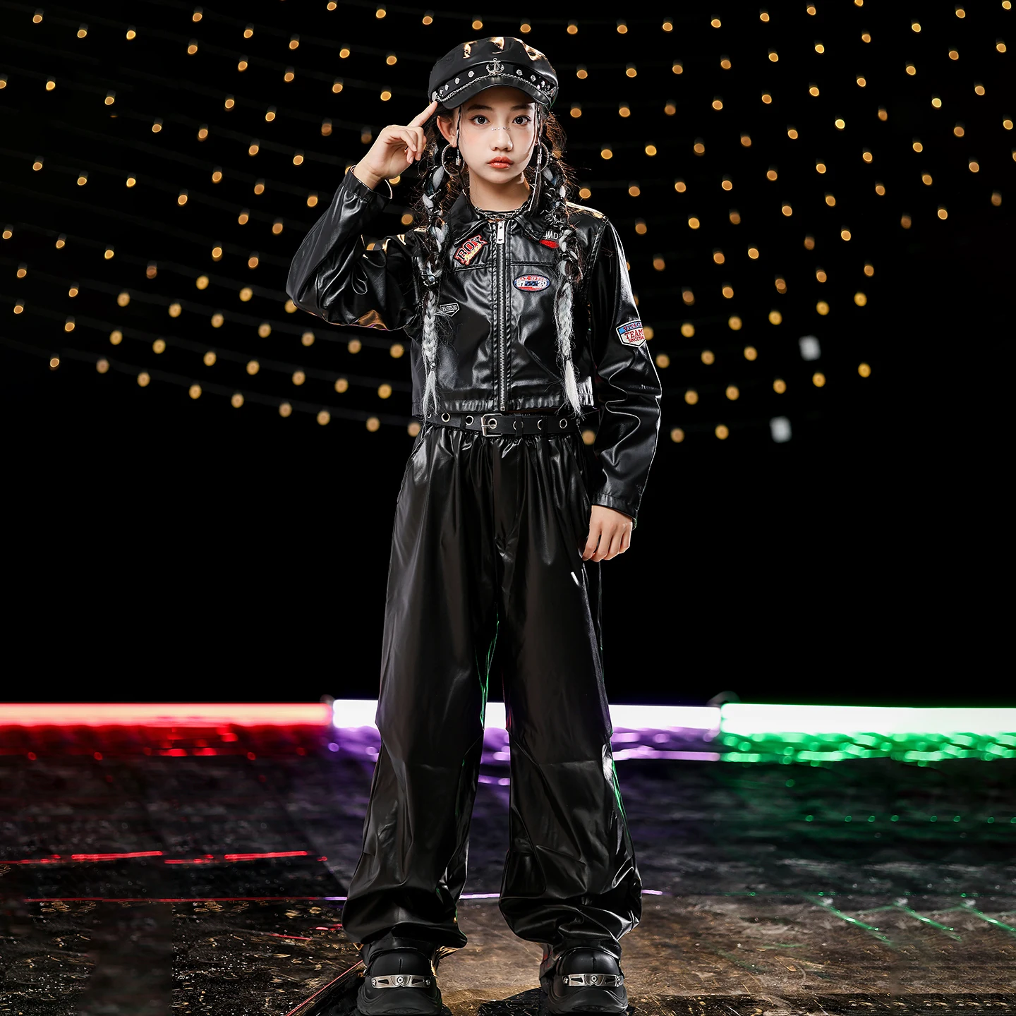 2025 kinder Hip Hop Dance Kostüme Für Mädchen Schwarz Crop Tops Leder Hosen Anzug Straße Dancewear Jazz Dance Kleidung DQS 20893