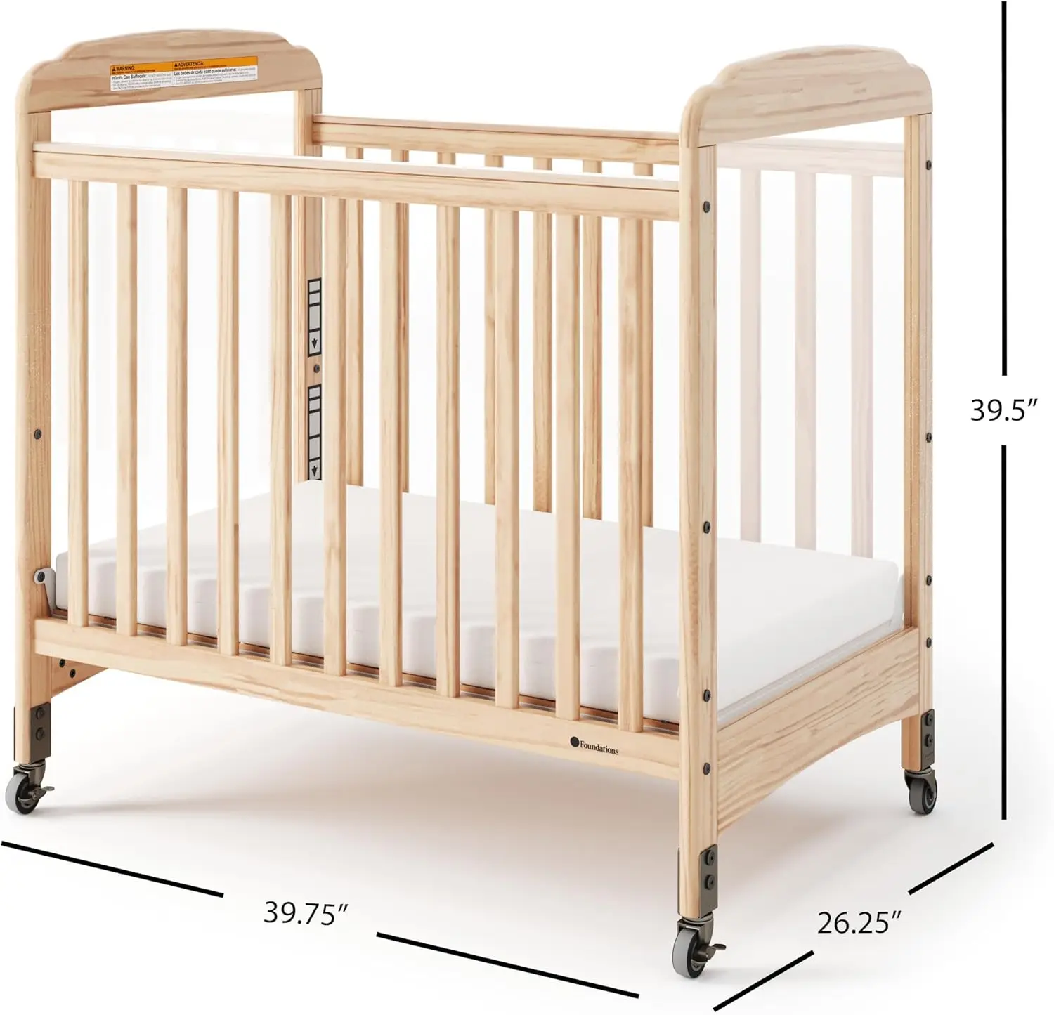 Serenity Compact Clearview Daycare Crib, Fixed Side, Durable Wood Construction, Adjustable Mattress Board, Clear End Panels.