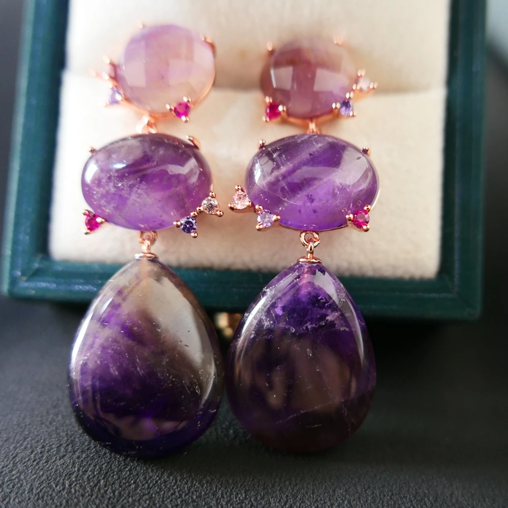 KQDANCE Natural Purple Amethyst Stone Colored Zircon Long Earrings With 925 Silver Needle Gold Plated Teardrop Jewelry Gifts