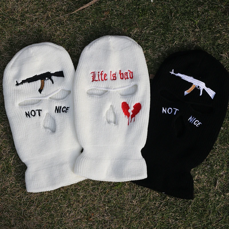 NOT NICE 3 Holes AK 47 Red Heart Winter Warm Unisex Balaclava Mask Hat Full Face Mask Black Knitted Ski Snowboard Hat Cap Beanie