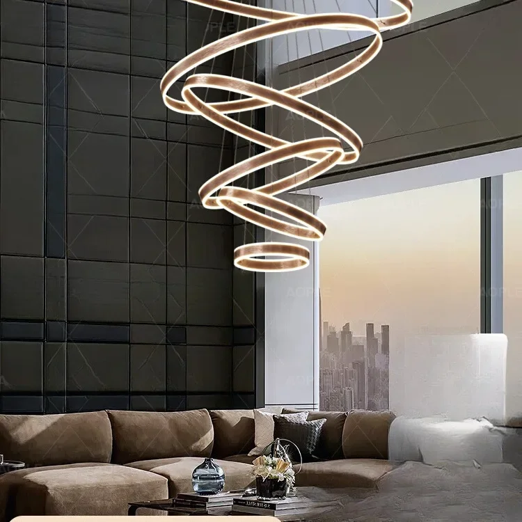 Duplex building villa empty, large chandelier modern simple light luxury loft apartment loft floor, middle staircase