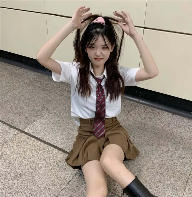 

Cafe Au Lait High Waist Skirt Women's Shirt Set Summer Collection Fashionable School Uniform Style Polyester Fabric