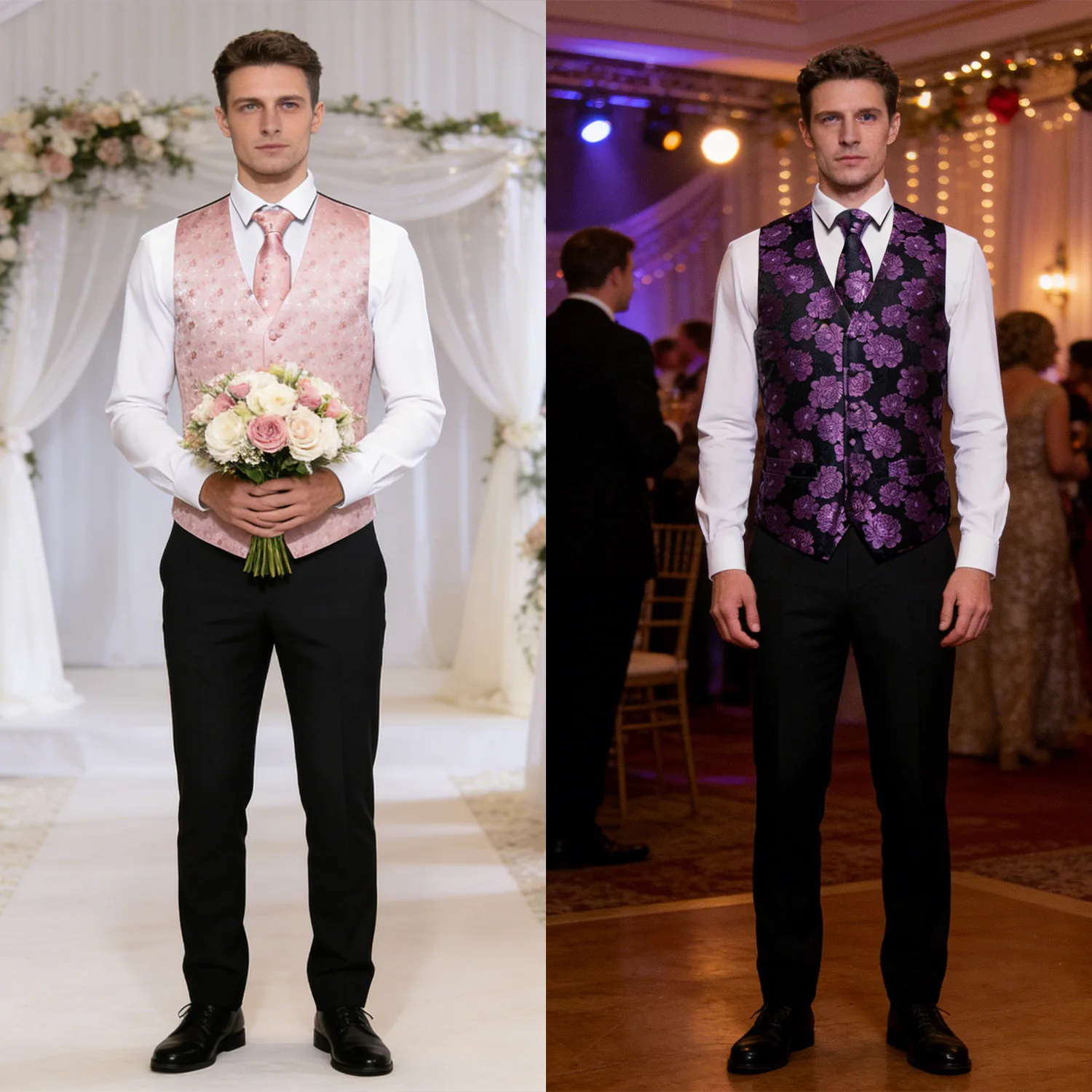 

Men's Vest Light Pink Floral Wedding Floral V-Collar Vest Waistcoat With Hankerchief Cufflinks Fit Wedding Party Gift Daily