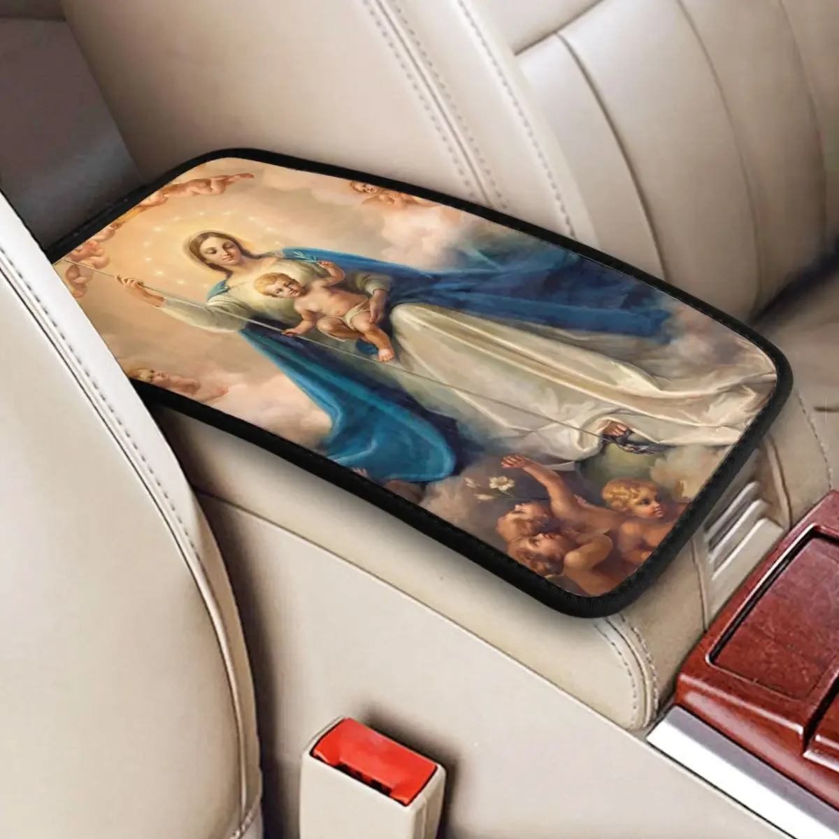 Four Seasons Car Armrest Cover Mat Virgin Mary Christian Catholic Center Console Cover Pad Storage Box Cover Auto Interior