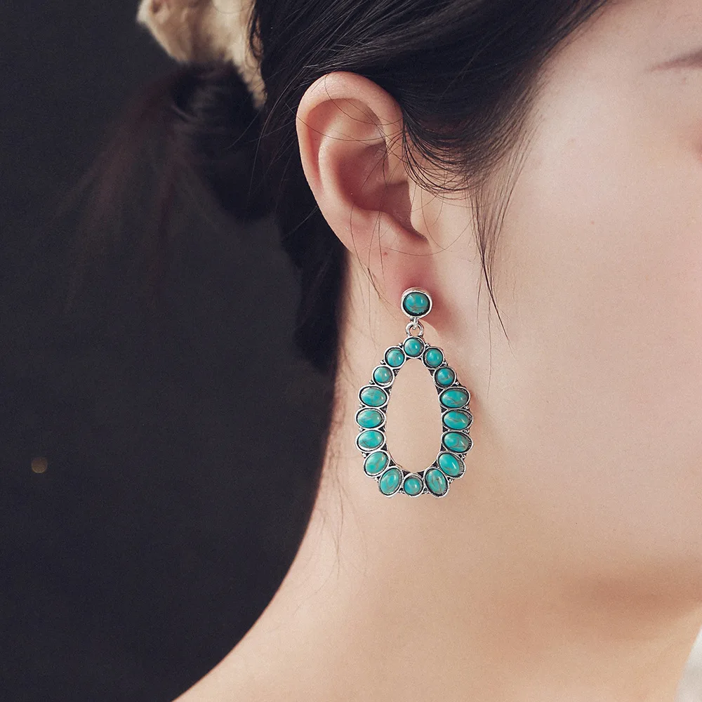 

Retro Oval Turquoise Teardrop Openwork Earrings Women's Fashion Statement Earrings Dramatic Luxury Stud Earrings