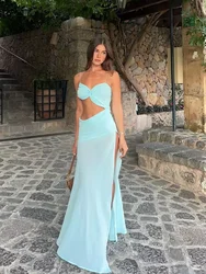 Elegante ausgehöhlte Schlinge hoch geschlitzte Abendkleid Dame sexy rücken freie Schnürung ärmellose schlanke Kleider Frauen Party Urlaub Roben