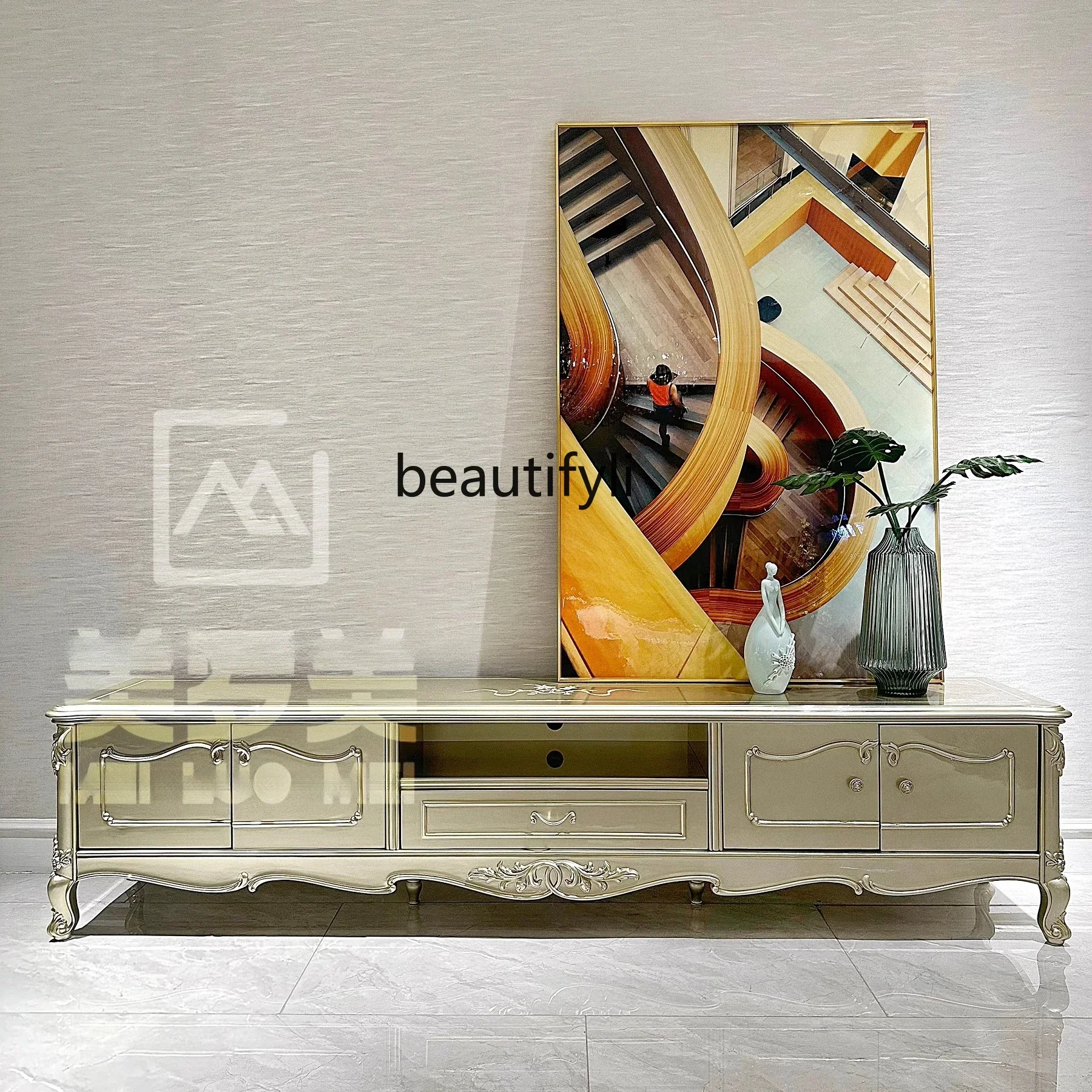TTT French light luxury solid wood carving flower European painted high-end villa luxury living room TV cabinet