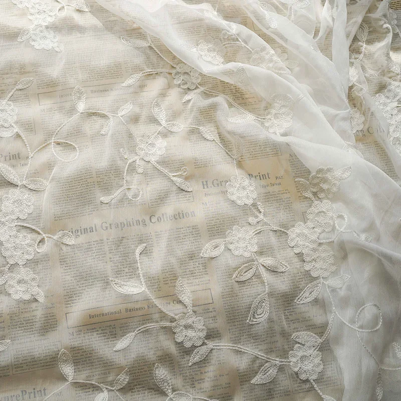 New White Flower Embroidered Chiffon Crepe Fabric For Wedding Dress Shirt Dress Designer Fabric Tulle Fabric By the Meter