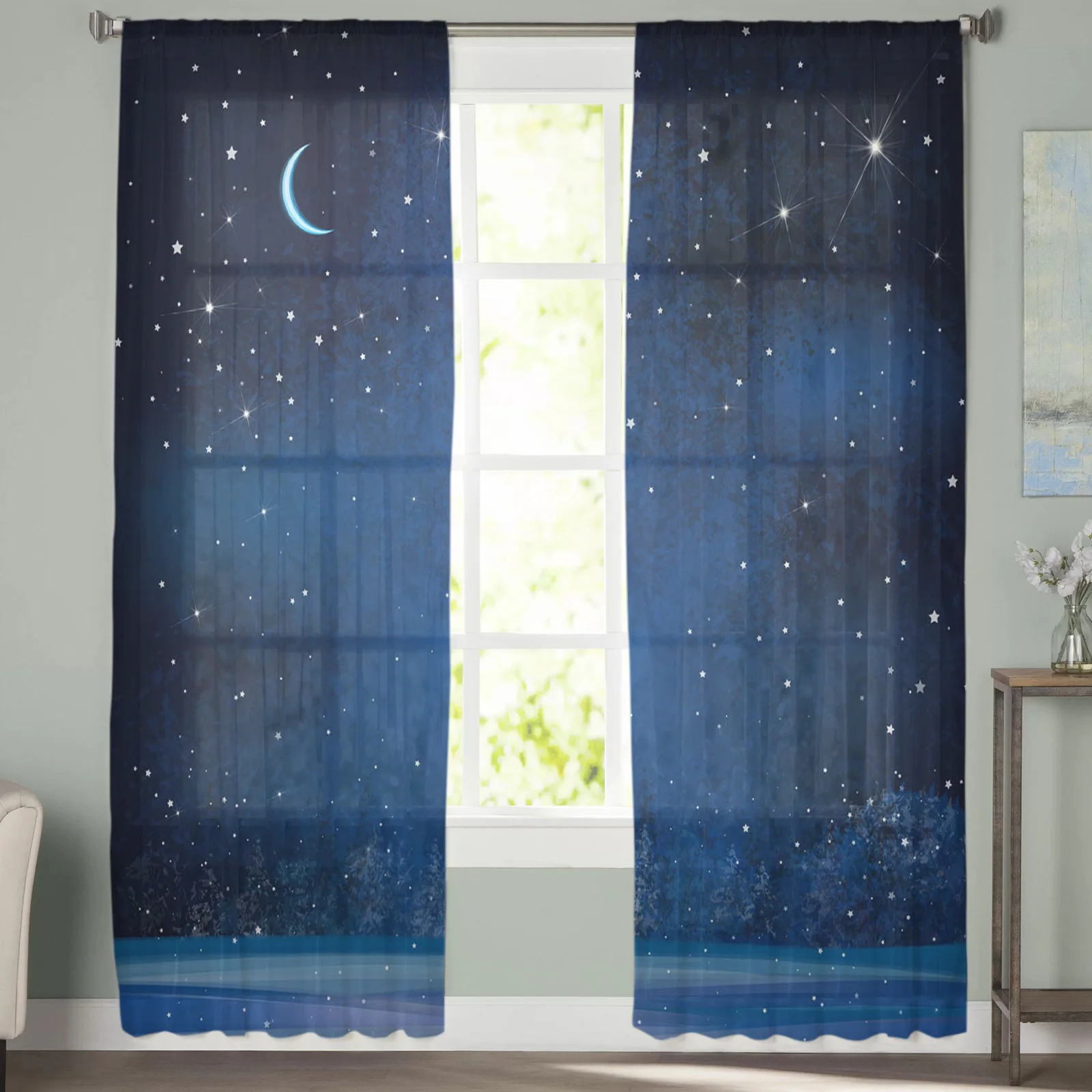 Starry Sky Moon Stars Beautiful Trees Tulle Curtains for Living Room Decoration Chiffon Sheer Voile Kitchen Bedroom Curtain